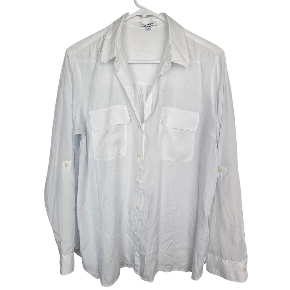 Express Womens White Button Shirt L Career Corp Semi Sheer Classic Office Siren
